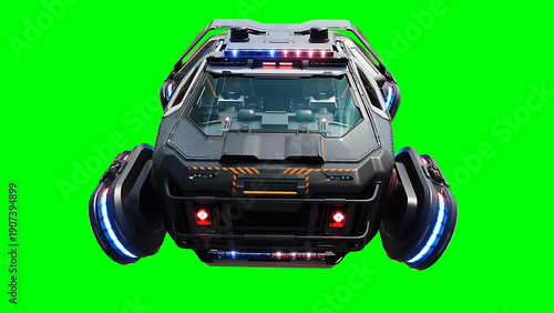 Futuristic cyber police flying car. realistic dynamic reflections on the car body. green screen isolate. 3d rendering.