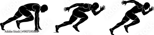 Sprinter Acceleration Phase Silhouette Vector Illustration Showing Track Athlete Running Motion Sequence Isolated on White Background