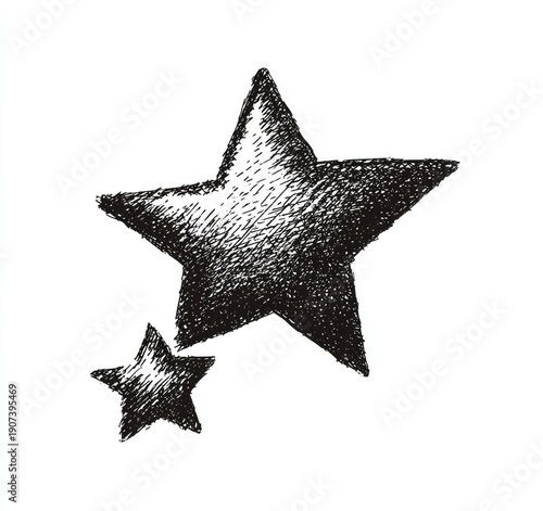 Two hand-drawn stars, one larger, rendered in textured monochrome on a white background