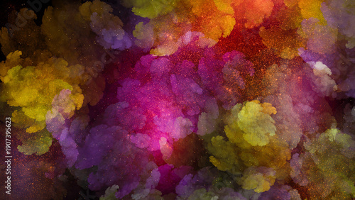 Vibrant abstract background featuring puffy clouds of yellow and magenta pink smoke mixed with golden sparkling dust. Made manually in Procreate