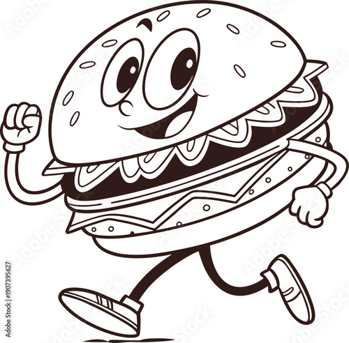 A hamburger is running with a happy face