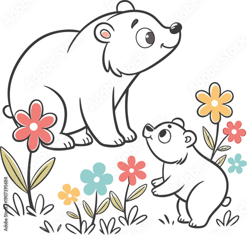 A mother polar bear and her cub in a field of flowers