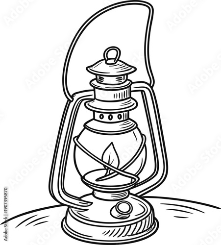 A black and white drawing of an old fashioned lantern