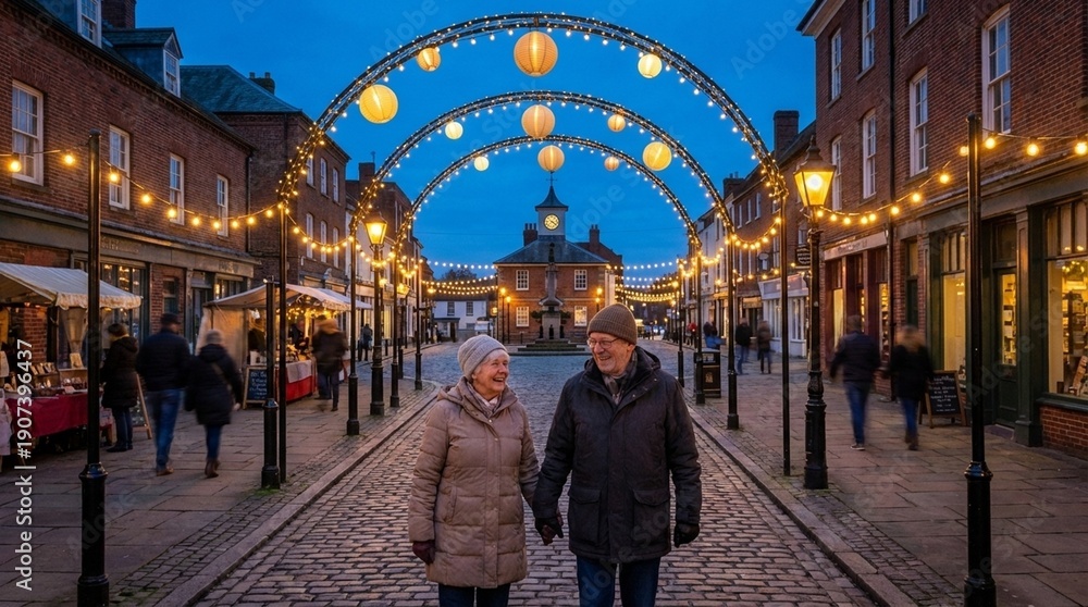 Obraz premium Elderly white couple holding hands on cobblestone street at blue hour, festive lantern arches and warm lights, romantic winter travel scene for Christmas market tourism