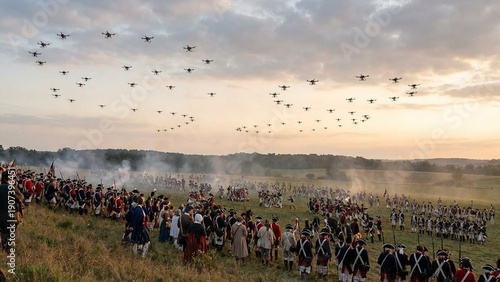 Large crowd watches historical battle reenactment on open meadow at sunrise, soldiers in uniforms amid smoke and drums, patriotic heritage event for Independence Day