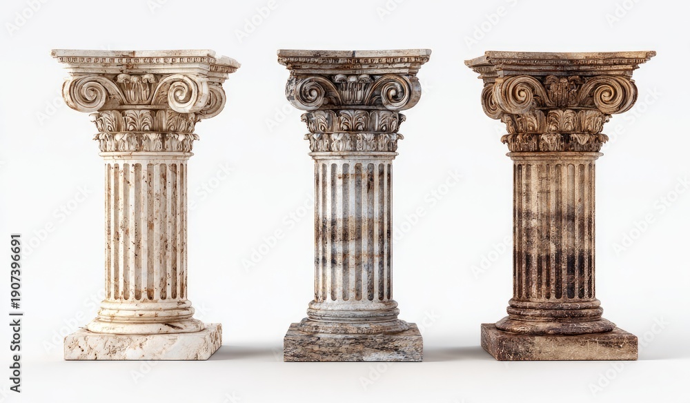 Obraz premium Three aged Corinthian columns, detailed carvings, various shades, on a clean white background