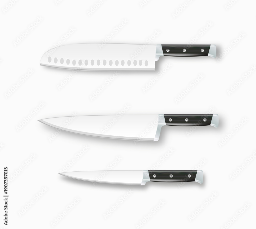 Fototapeta premium Realistic 3D kitchen knife set meat cleaver types of cutlery for cooking. Kitchen. Vector