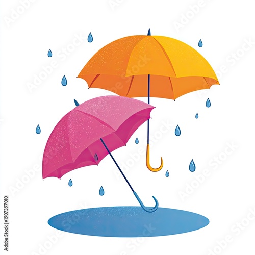 Two open, colorful umbrellas shelter against rain, casting shadows on a blue puddle