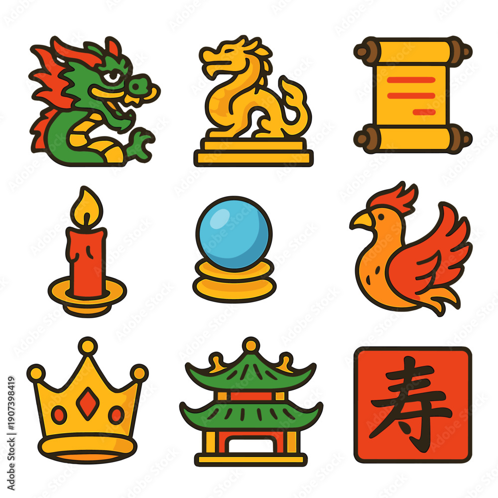Obraz premium Colorful asian icon set featuring dragon and phoenix with traditional elements