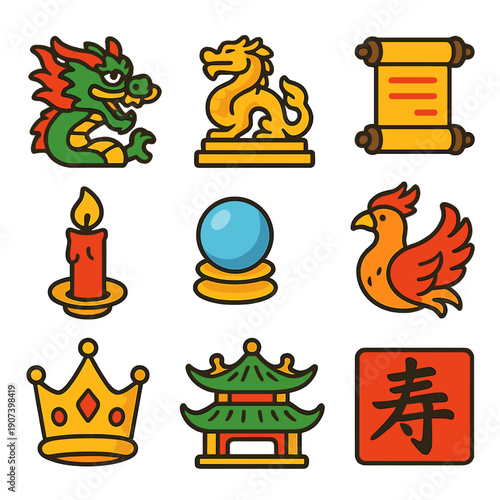 Colorful asian icon set featuring dragon and phoenix with traditional elements