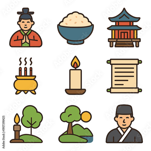 Traditional asian icons: culture, food, and history in vibrant colors