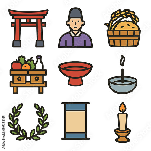Traditional japanese cultural symbols and icons collection