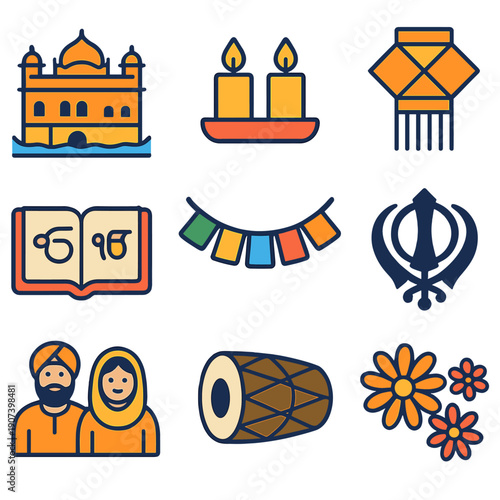 Vibrant sikh symbols and icon set celebrating culture and traditions