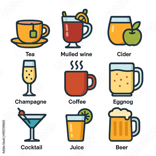 Icon collection of popular hot and cold beverage glyphs with names