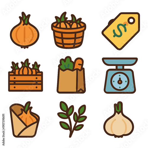 Autumn harvest icons: vegetables, scale, basket, and price tag