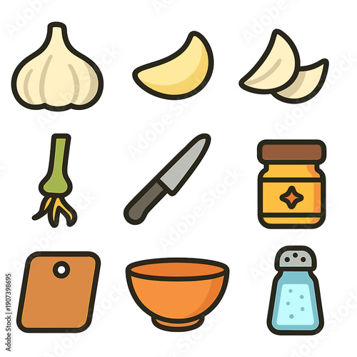 Kitchen icons: garlic, knife, cutting board, bowl, salt shaker, honey jar