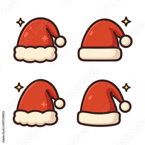 Cute cartoon style santa hats with festive stars on a warm background