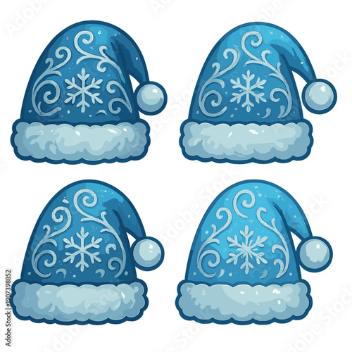 Blue winter hats with snowflake patterns on frosty background