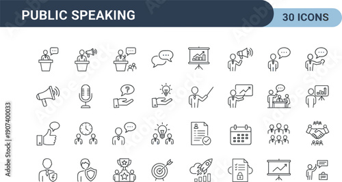 Public Speaking and Business Presentation Outline Icons Set Black and White Vector Illustration Collection