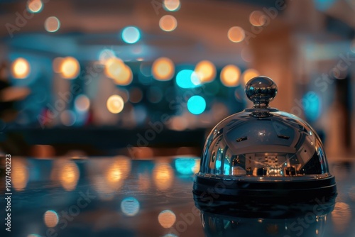 Chrome Reception Bell with Colorful Bokeh Lights in Background