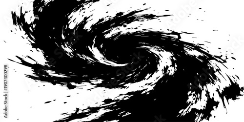 Abstract black and white grunge background featuring an artistic ink splatter pattern with dark liquid swirls and a textured spray paint border design