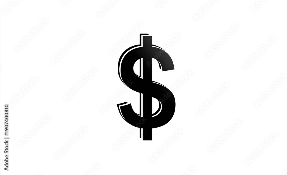 Fototapeta premium Black dollar sign with slight shadow, centered on a white background