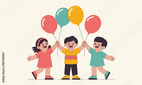 Three Happy Children with Party Balloons Celebration Vector Flat Illustration Childhood Joy for Birthday Materials Event Marketing Greeting Cards Digital Print Applications
