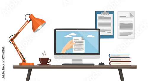 Digital document management concept at a modern home office desk with computer, lamp, and coffee. Flat design illustration.