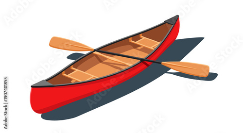 A vivid red canoe illustration with two wooden paddles, perfect for vector graphics of outdoor activities and water sports