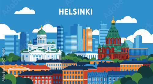 Helsinki Cityscape Illustration Vector Art - Modern Finnish Capital Buildings and Skyline