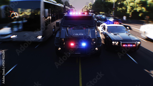 Quadro em tela An swat police driving fast on a city street. 3d rendering.
