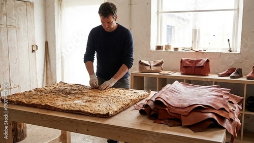 Leatherworker crafts hide on workshop table, artisanal tannery setting with tools and sunlight, focused mood for small business branding, Fathers Day gift making