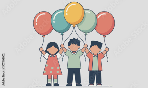Four Happy Kids with Party Balloons Vector Illustration Diverse Children Celebration Design for Party Materials Educational Content Diversity Campaigns Social Media Graphics Contemporary Style
