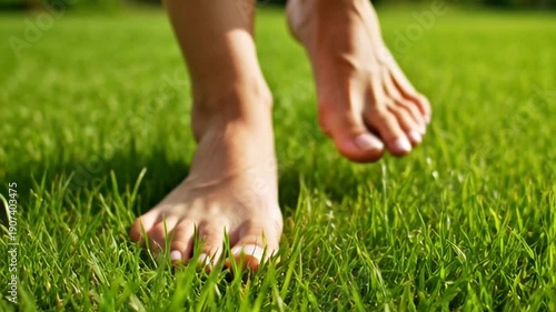 A person stands barefoot on a lush green grassy field in a serene natural setting video