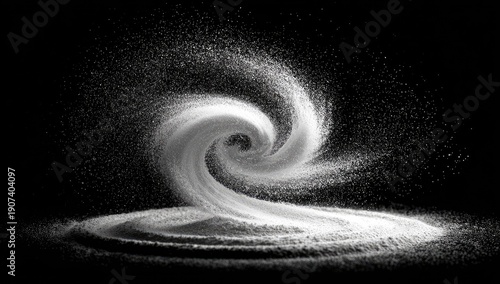Abstract swirl of white powder erupts from a base, creating a spiral against a black backdrop