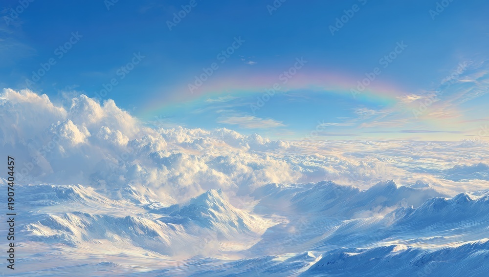 Fototapeta premium Vast, snow-covered mountain range below a vibrant rainbow in a bright blue sky with clouds