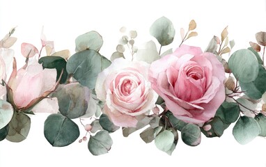 Watercolor floral border featuring pink roses, eucalyptus, and subtle greenery