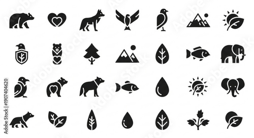 Eco friendly icons set with animals leaves and nature symbols