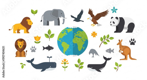 Earth surrounded by diverse animals and plants in a colorful illustration