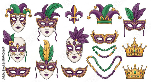 Mardi gras masks and crowns with beads on white background