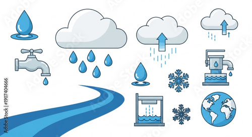 Water cycle icons set with clouds rain and earth globe elements