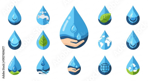 Water droplet icons with eco friendly symbols and hands holding water