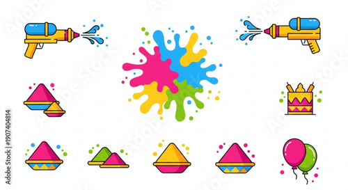 Colorful holi festival icons with water guns and pyramids