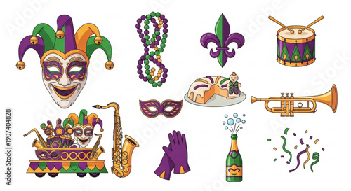 Mardi gras party icons with colorful masks and musical instruments