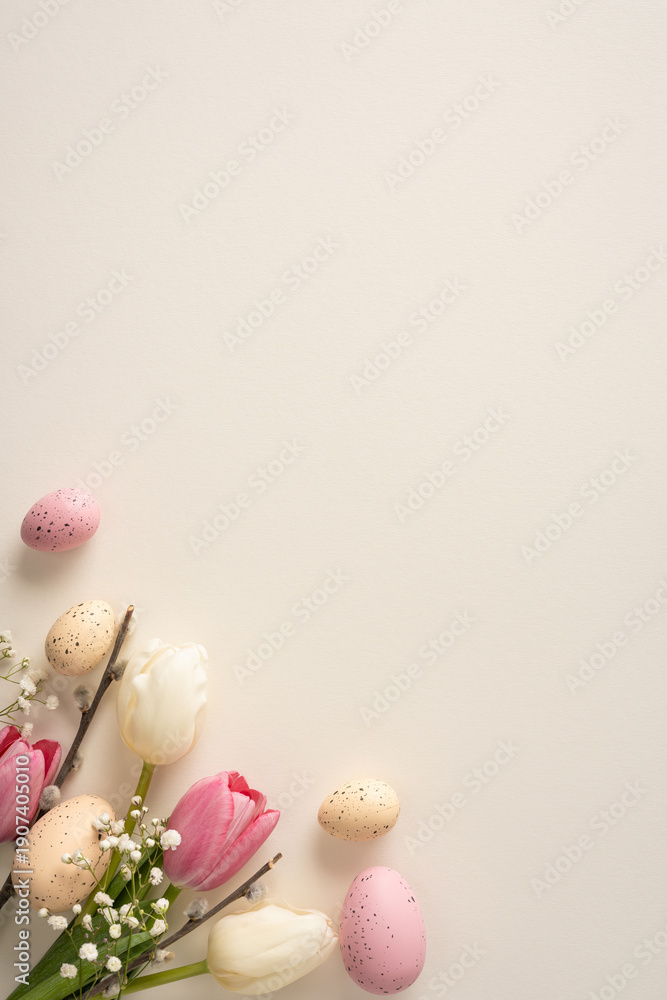 Naklejka premium Pastel vertical minimal eggs rest beside white and pink tulips with delicate baby's breath, forming a soft Easter centerpiece perfect for greeting cards, spring campaigns, and seasonal promotions