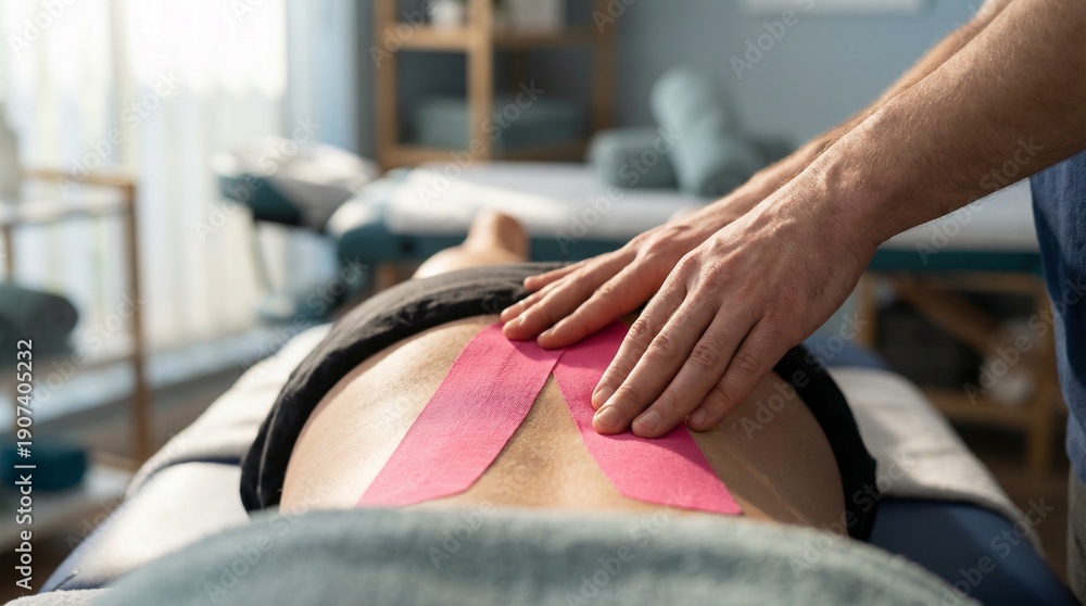 Obraz premium A person laying on a massage table, receiving a deep tissue massage on their back, with therapist's hands applying pressure 