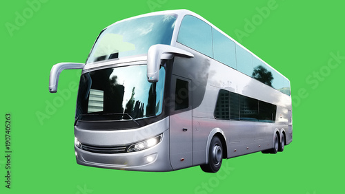 Jorney touristic bus driving fast. realistic dynamic reflections on the car body. green screen isolate. 3d rendering.