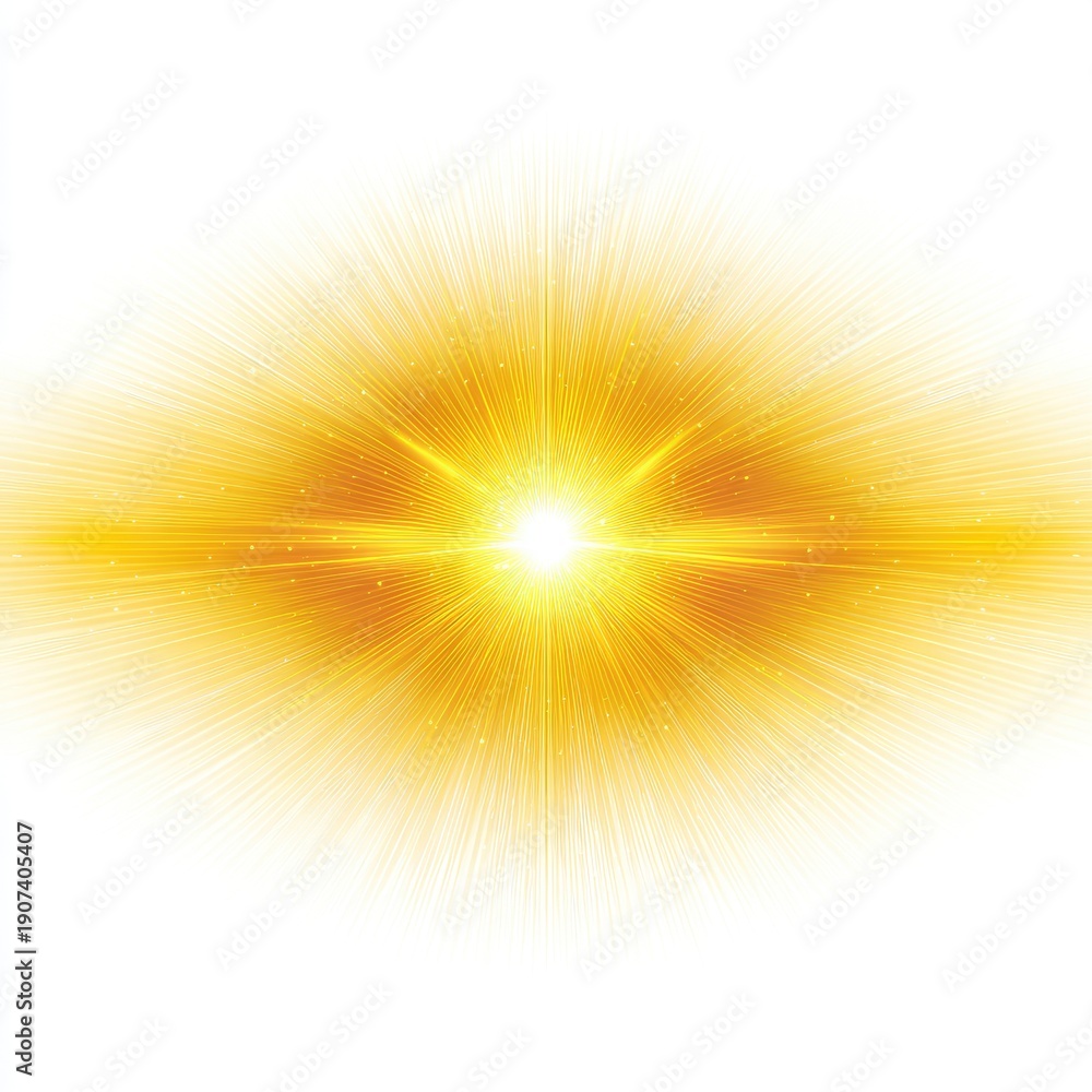 Obraz premium Bright, radiating, yellow lightburst with lens flare effect on a white background