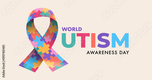 World autism awareness day banner template and poster background with ribbon sign from colorful puzzle pieces.
