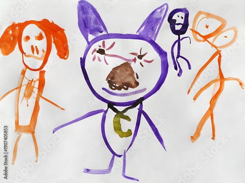 Cute childrens doodles drawing with watercolors